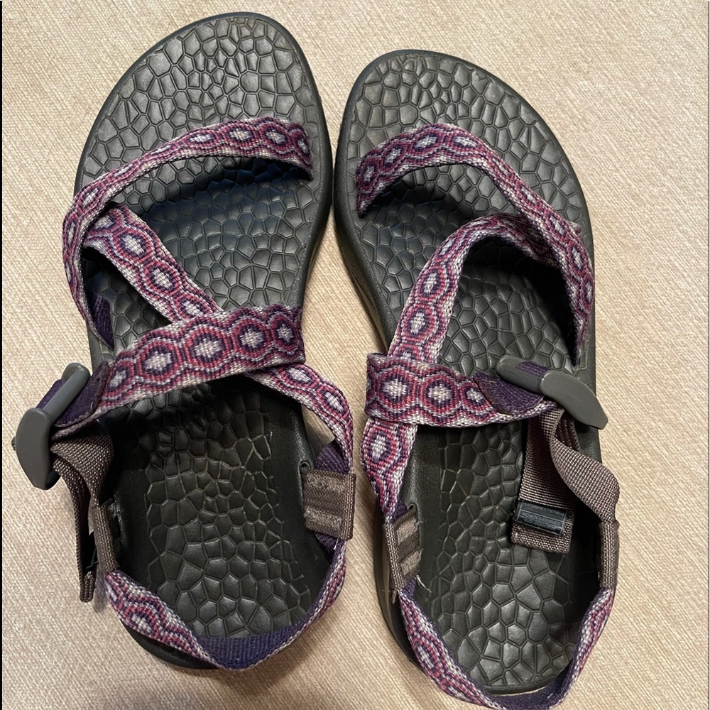 Women’s size 5 Chacos. Purple, gray and black.